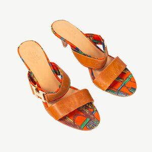Hermes Brown Leather & Orange Printed-Silk Mule Sandals